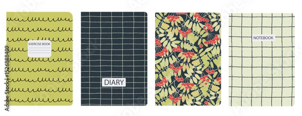 Fototapeta Cover page templates based on patterns with hand drawn rowanberry branches and gridline, toile de jouy style. Backgrounds for notebooks, notepads, diaries. Headers isolated and replaceable