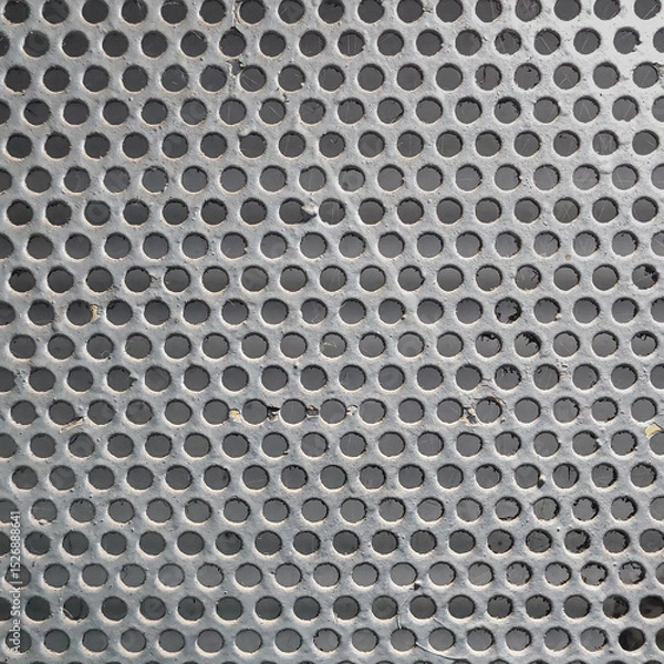 Fototapeta Close-up of a gray-painted perforated metal mesh with evenly spaced circular holes. Industrial texture suitable for backgrounds, design elements, or engineering-related themes.