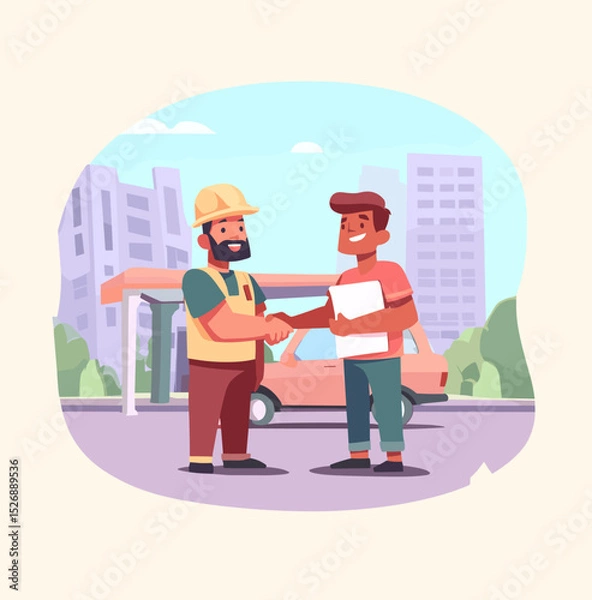 Fototapeta Construction Agreement: Illustrative handshake between construction worker in hardhat and building owner against an urban backdrop, symbolizing a construction agreement.