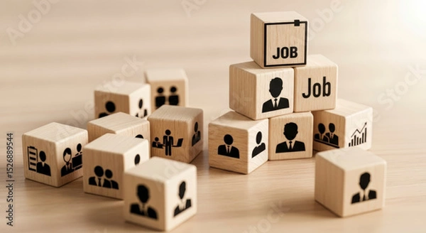 Obraz Wooden Cubes with Job and Business Icons Stacked for Career Opportunity Concept on a Wooden Surface