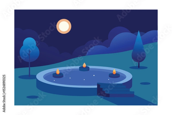 Fototapeta Tranquil Pool with Floating Candles at Night Vector Illustration