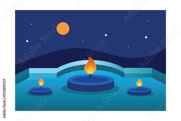 Fototapeta Tranquil Pool with Floating Candles at Night Vector Illustration