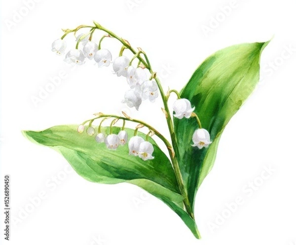 Fototapeta Lily of the Valley Watercolor Painting on White Background - Botanical Illustration of Convallaria Majalis for Spring Designs