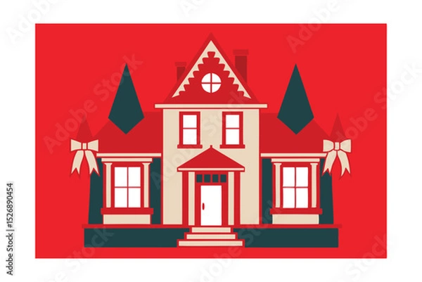 Fototapeta Victorian Home with Red Ribbons and Wreaths Vector Illustration