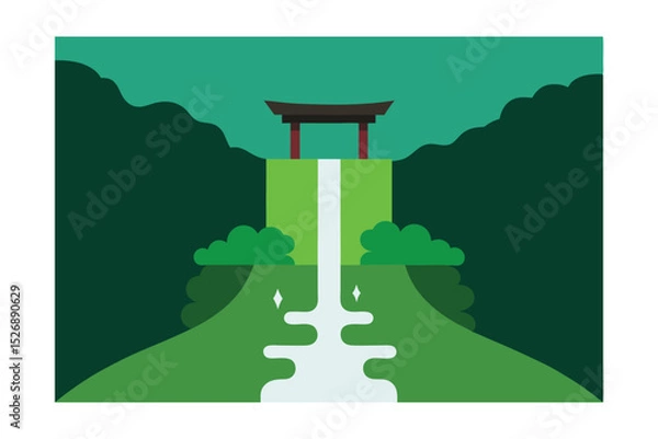 Fototapeta Waterfall Next to Mossy Path in Kyoto Vector Illustration