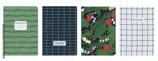 Obraz Set of cover page templates with hand drawn flowers, branches, leaves. Based on seamless patterns. Backgrounds for notebooks, notepads, diaries. Headers isolated and replaceable
