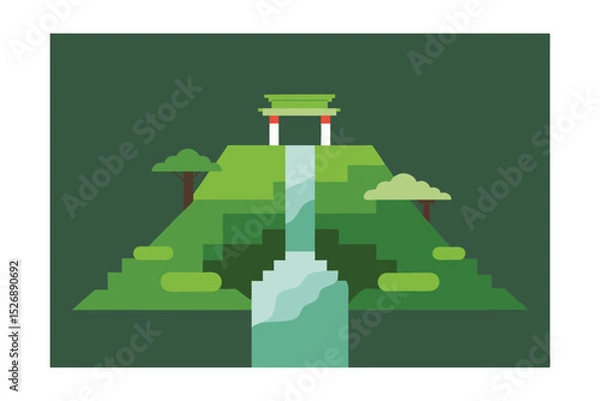 Fototapeta Waterfall Next to Mossy Path in Kyoto Vector Illustration