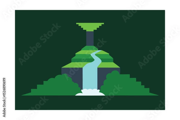 Fototapeta Waterfall Next to Mossy Path in Kyoto Vector Illustration