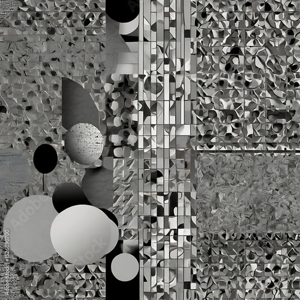 Fototapeta Grayscale minimalist pattern with optical illusion depth, incorporating Dada collage elements and subtle digital noise.

