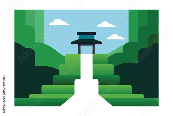 Fototapeta Waterfall Next to Mossy Path in Kyoto Vector Illustration