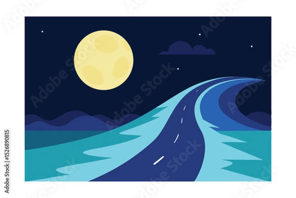 Fototapeta Waves Crashing Beside a Deserted Road on a Full Moon Night 
