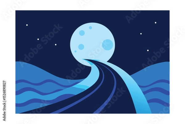 Fototapeta Waves Crashing Beside a Deserted Road on a Full Moon Night 