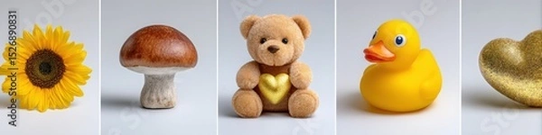Obraz Set of five different objects on a white background. Collection of sunflower, mushroom, teddy bear, rubber duck, and golden heart for design elements.