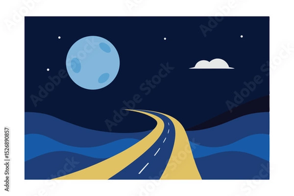 Fototapeta Waves Crashing Beside a Deserted Road on a Full Moon Night 