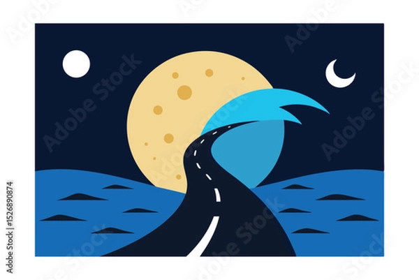 Fototapeta Waves Crashing Beside a Deserted Road on a Full Moon Night 