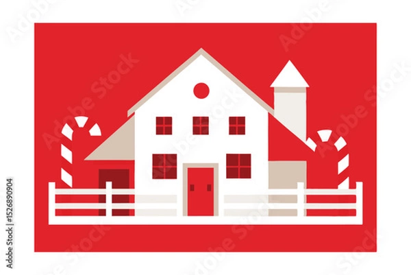 Fototapeta White Farmhouse with Candy Cane Railings Vector Illustration