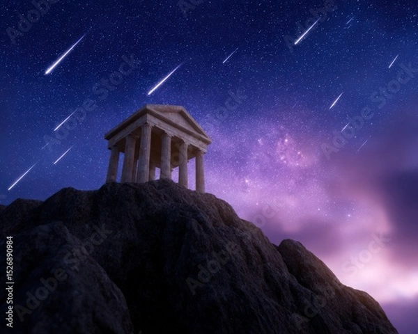 Obraz Ancient temple stands on a hill under starry sky with meteors. Mythology, astronomy, fantasy, spirituality and mystery.