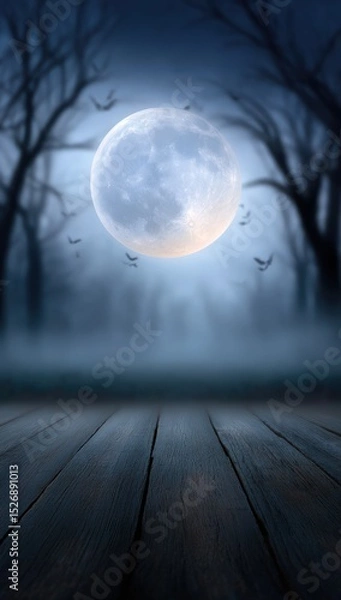 Obraz Full moon illuminates spooky forest with wooden floor in foreground. Nighttime scene, Halloween, fantasy, horror
