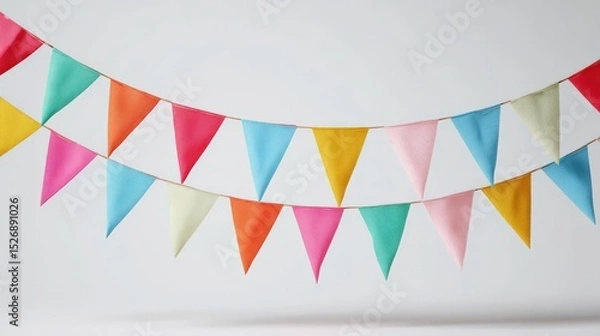 Obraz Colorful triangular flags hang from strings. Festive garland, decoration, celebration, party
