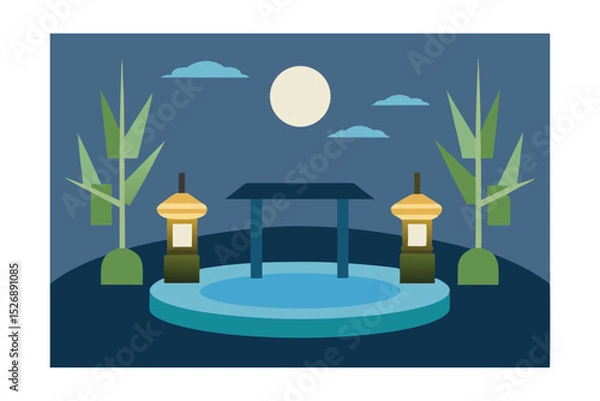 Fototapeta Zen Style Pool Scene with Bamboo and Lanterns Illustration