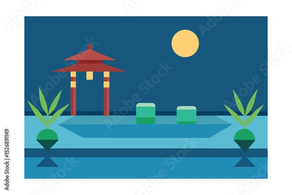 Fototapeta Zen Style Pool Scene with Bamboo and Lanterns Illustration