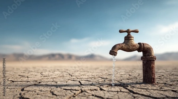 Obraz Water drips from rusty tap in dry cracked desert. Drought conditions, water scarcity, climate change, environmental crisis.