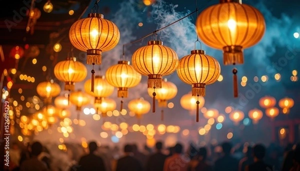 Obraz Obon Incense Smoke Glowing Lanterns Illuminating Night Festival with People Below