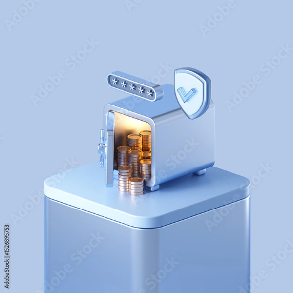 Obraz Safe with cash money, password and safety shield on the podium. Fintech 3d design.
