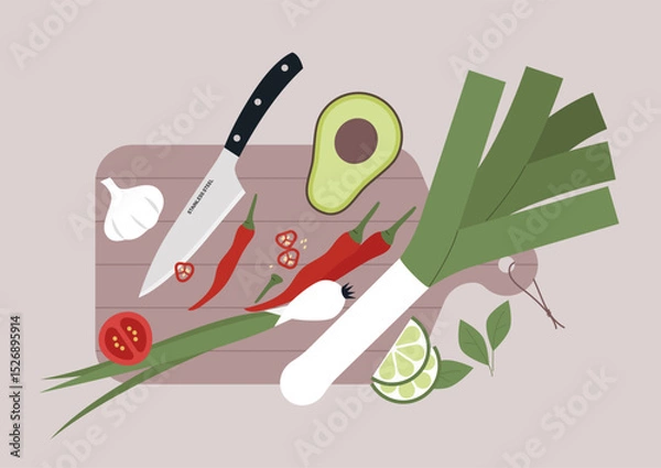 Obraz A sharp knife and various fruits and vegetables on a wooden cutting board