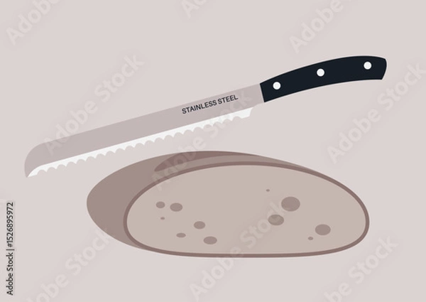 Obraz a grey hipster-style sourdough bread beside a stainless steel knife, showcasing a minimalist design that highlights modern bakery aesthetics and culinary trends