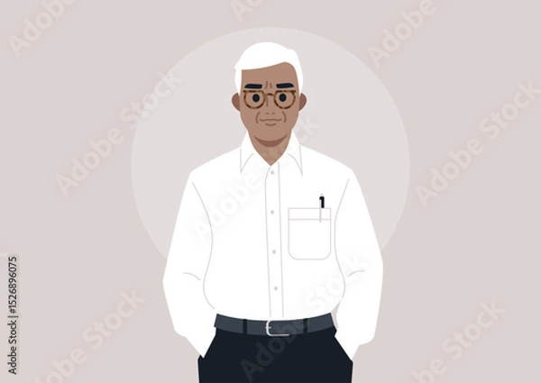 Obraz An elderly gentleman exudes charm and elegance, wearing a horn frame, holding a pen in his pocket, embodying timeless wisdom and character