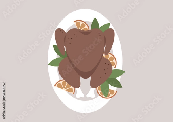 Obraz A beautifully presented roasted turkey sits atop a decorative platter, surrounded by vibrant citrus slices and fresh greens, perfect for a festive gathering or special occasion