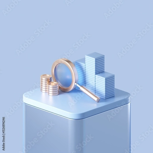 Fototapeta Magnifyer with money and chart 3d rendering illustration. Fintech concept design.
