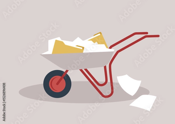 Obraz A wheelbarrow overflowing with assorted office documents, symbolizing a cheerful yet chaotic flood of paperwork, Files and papers spill out in every direction, hinting at unfinished tasks and projects