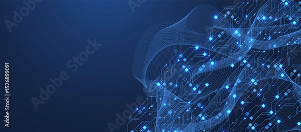 Fototapeta Artificial Intelligence or machine learning vector design. Quantum computer technology concept with circuit board and motherboard texture background design. Waves flow quantum explosion