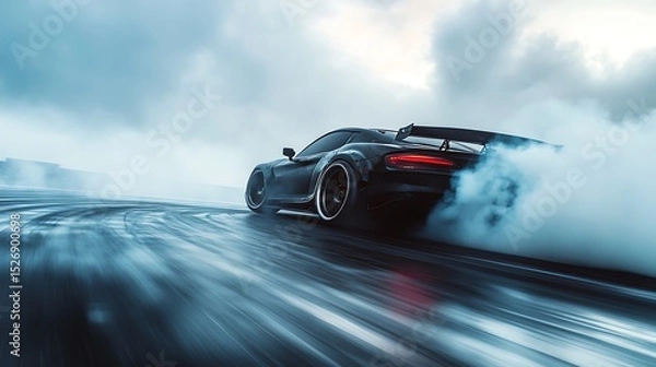 Fototapeta Racing car on the road in the fog. 3d rendering