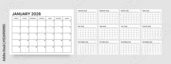 Fototapeta Monthly calendar layout for 2026 year. Diary planner for 2026 year. Week Starts on Monday. 