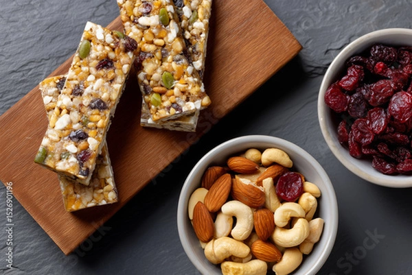 Obraz Healthy snack assortment with nut bars and dried fruits