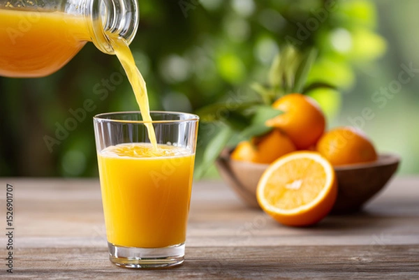 Obraz Freshly squeezed orange juice served in glass with fruits nearby