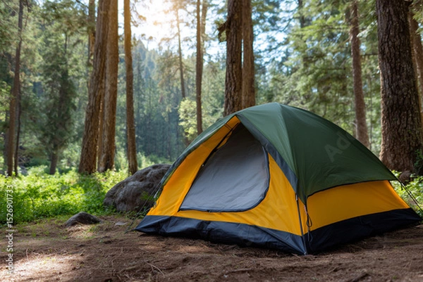 Obraz Camping tent set up in a forest during sunny daylight hours