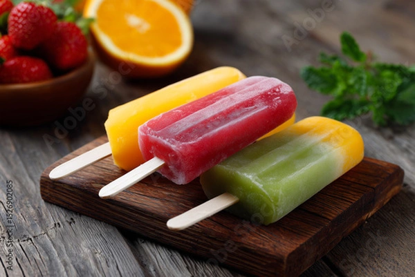 Obraz Colorful homemade popsicles on a wooden surface in bright light