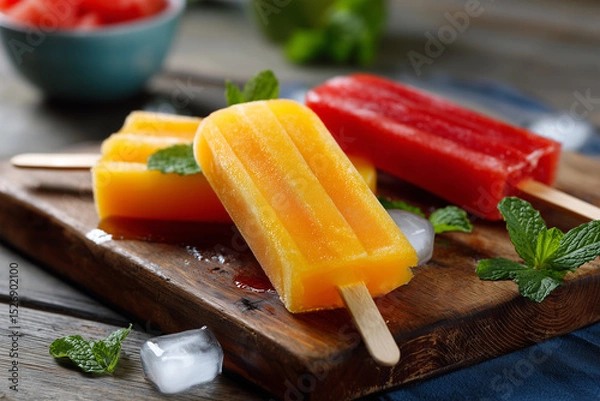 Obraz Colorful popsicles on a wooden board with fresh mint leaves