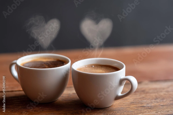 Obraz Cozy cups of coffee with heart-shaped steam rising at a cafe