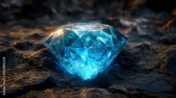Fototapeta A mesmerizing glowing blue diamond rests on a rocky surface.