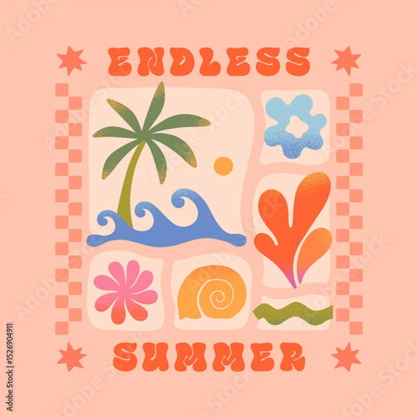 Fototapeta Summer illustration with sea ocean waves,palm,coral,sun,seashell.Groovy boho beach,surf club retro aesthetic.Summer vacation background in simple style.Graphic print for t shirts,covers,branding