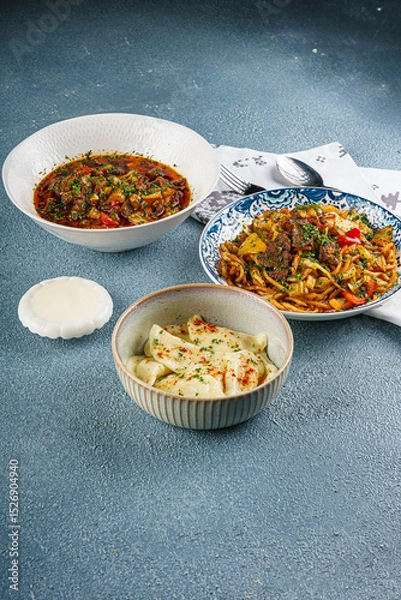 Fototapeta Authentic Kazakh Meal with Noodles and Soup