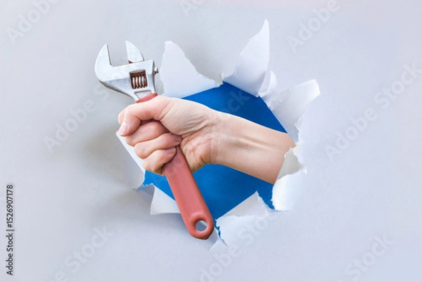 Fototapeta Hand with wrench emerging through wall.
