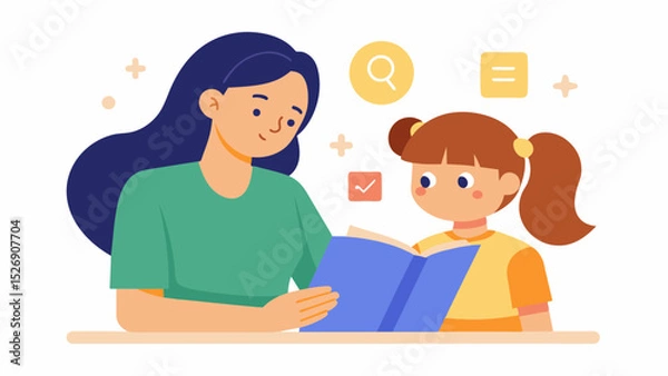Fototapeta A young girl with dyslexia reading an interactive book with her tutor. The book has touchandfeel elements and interactive games to help her learn in a fun and engaging way.. Vector illustration