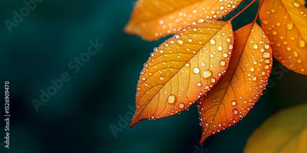 Obraz Autumn Leaves with Water Droplets - Vibrant Fall Macro Photography