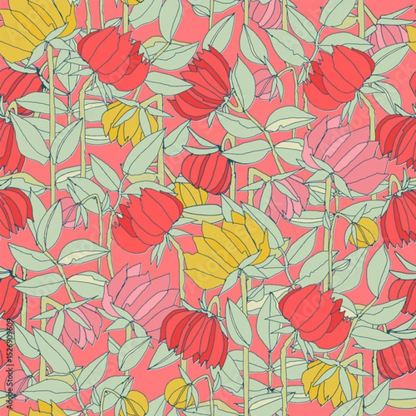 Obraz Seamless pattern with hand drawn meadow bold flowers. Colorful illustrations on blue background for surface design and other design projects